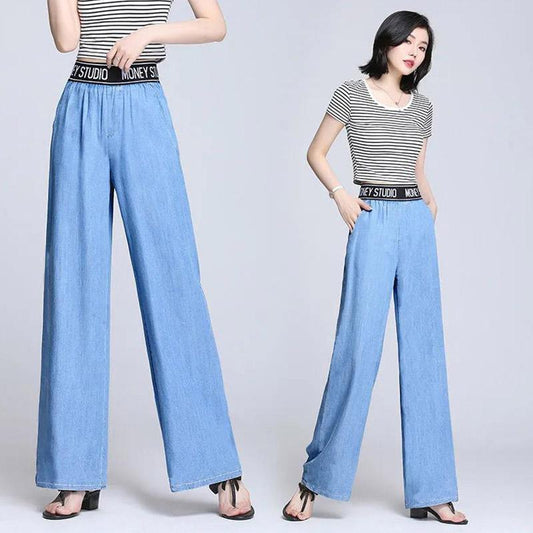Ladies Loose Jeans Spring Summer Wide Leg Casual Ice Silk Blue Vertical Pants Beautiful Legs