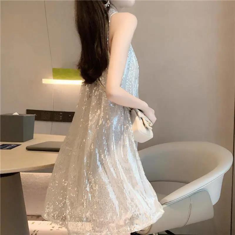 Tutu Sequins Shiny  Women's Summer Vest Dress Sleeveless Round Neck Knee-length Daily Wear Home Dating Party