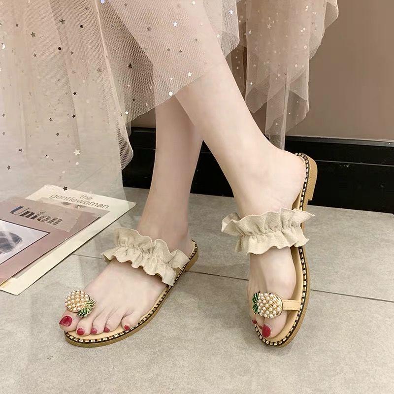 Women Flats Slippers Summer Casual Flip Flops Flowers Pearl Woman Flat Shoes 35-39 Size Comfortable Female Beach Sandals