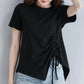 Women Summer O-neck Top Irregular Bandage Pleated  T-shirt Solid Color Short-sleeved Loose Casual Tee