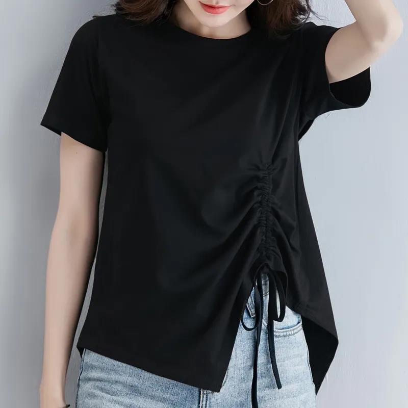 Women Summer O-neck Top Irregular Bandage Pleated  T-shirt Solid Color Short-sleeved Loose Casual Tee