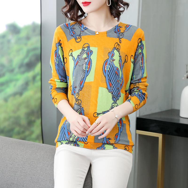 Autumn  Winter Vintage Printed O-Neck Sweater Long Sleeve Pullover Loose Plus Size Wool Blend Sweater Women Knitwear Female Knit Jumper Tops