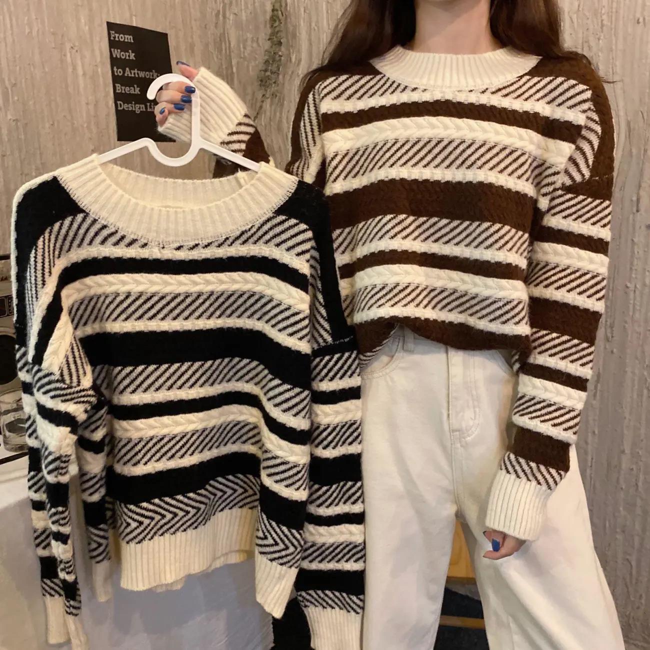Lazy Style Striped Sweater Fashion Round Neck Long Sleeve Sweater Large Size Loose Pullover for Women