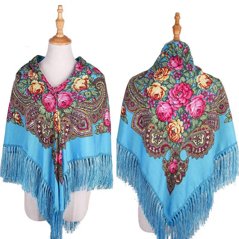 Women's Ethnic Style Square Scarf Printed Shawl Fringed Cotton Scarf Autumn Winter Warm Embroidered Shawl Multifunctional Turban Shawl Scarf 135x135cm