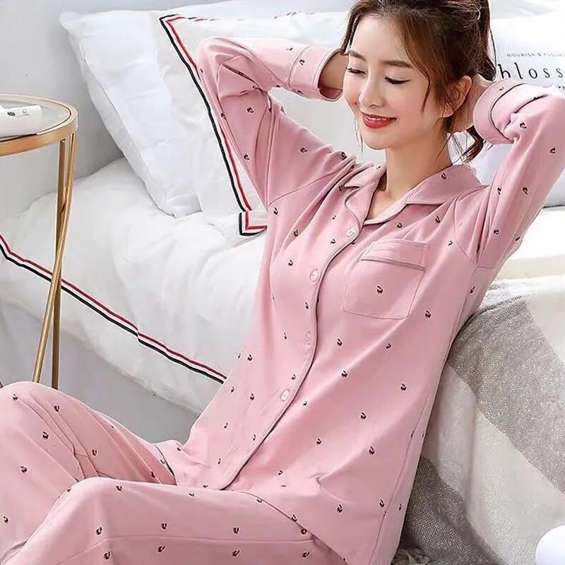 Women Cartoon Cute Pajamas Set Turn-down Collar Sleepwear Suit Casual Loose Home Wear V Neck Girls Long Sleeve Autumn Winter Nightwear