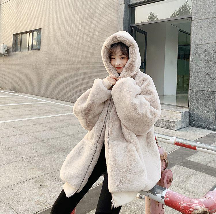 Autumn and Winter Imitation Rex Rabbit Fur Grass Loose Korean Fashion Mid-length Plush Coat Women Mid-length 2021 New Thick Hooded Jacket