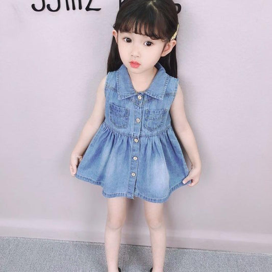 Children Dress Girls Summer Dress Korean Princess Dress Denim Dress Single Breasted Pocket Sleeveless Denim A-line Skirt