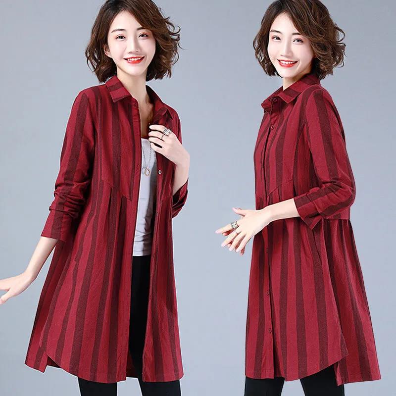 Long-sleeved All-match Plus Size Women's Striped Shirt Mid-length Shirt Temperament Top