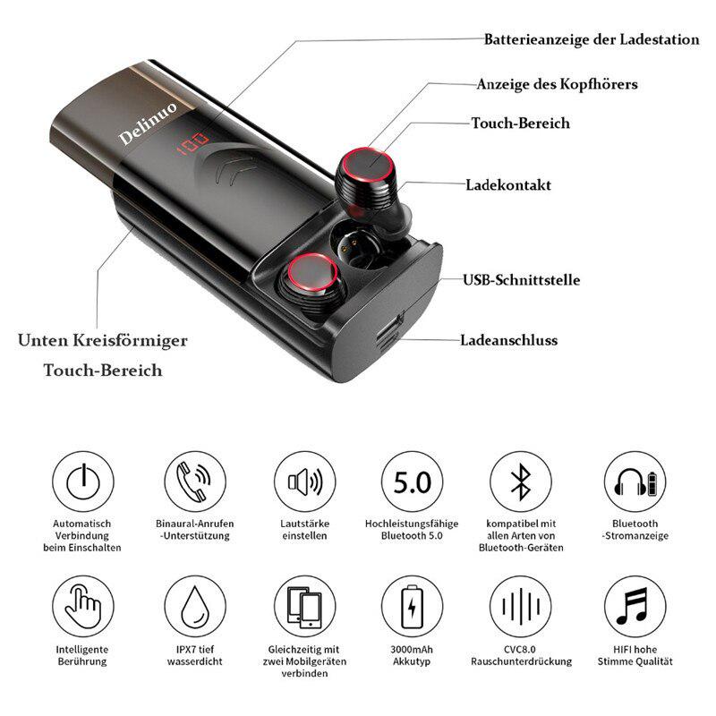 Waterproof 5.0 Earphones Bluetooth Push-pull HIFI TWS Earbuds LED Screen Headphones Wireless Headset