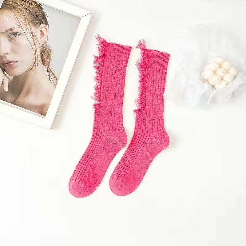 Fall/winter Socks Women's Ripped Pure Cotton Socks High Tube Tailoring Pile Socks Solid Color Knitted Socks