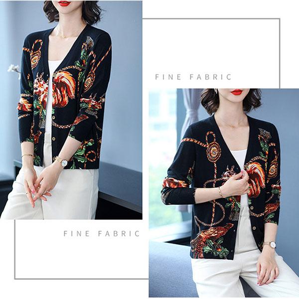 Printed Loose Sweater V-neck Wool Cardigan Sweater Jacket Women's Plus Size Knitted Coat