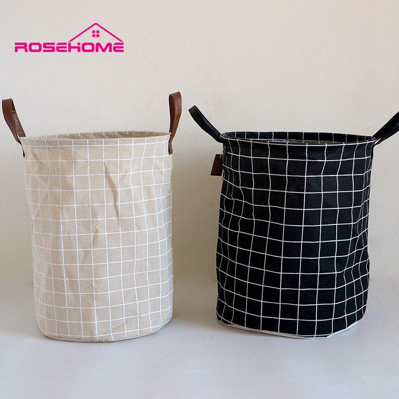 FullLove 35*45cm Plaid Storage Bakset Foldable Linen Cotton Black Laundry Baskets for Dirty Clothes