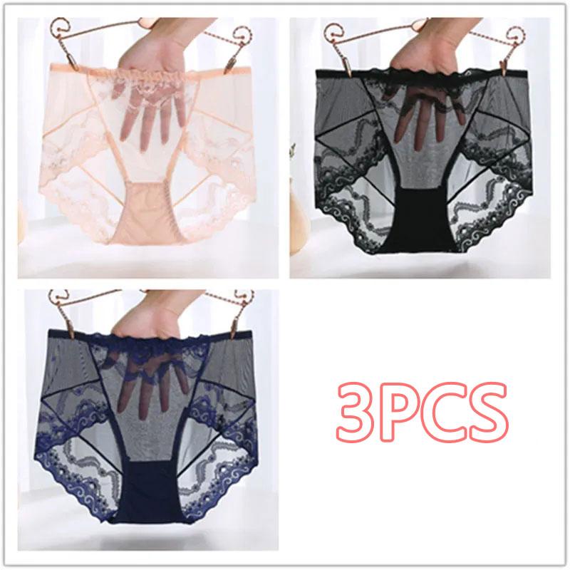 Black Plus Size Mid High Waist Panties Ladies Sexy Lace Mesh Seamless Transparent Ladies Briefs Transparent Hollow Out Panties
