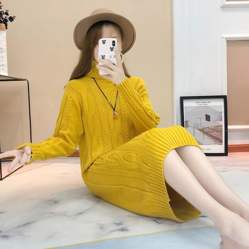 Spring and Autumn New Style Plus Velvet Padded High-neck Over-the-knee Sweater Women Loose Mid-length Knit Sweater and Long Dress