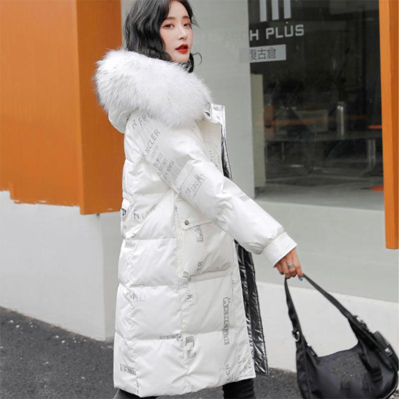 Women's Winter Korean Loose Quilted Coat Warm Down Jacket with Fur Collar Women's Glossy Mid-length Down Jacket
