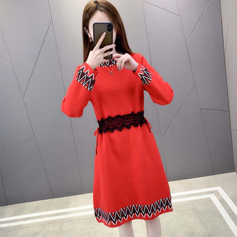Women's Spring and Autumn Fashion Warm Knitted Dress Mid-length sweater dress Slim knit Sweater dress