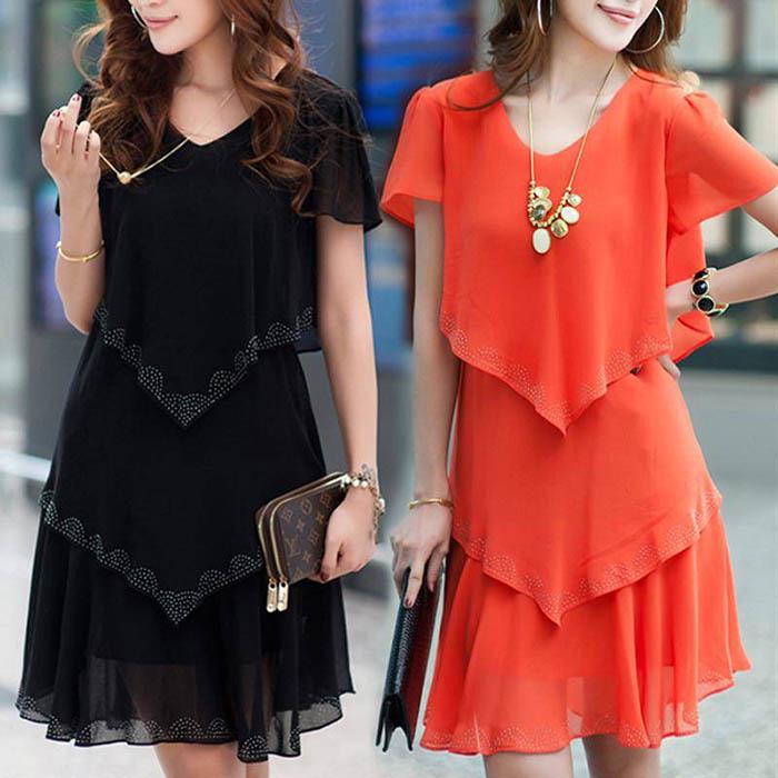 Pofulove L-5XL Women Plus Size Chiffon Dress Loose Mid-length V-neck A-line Beach Skirt Sun dresses