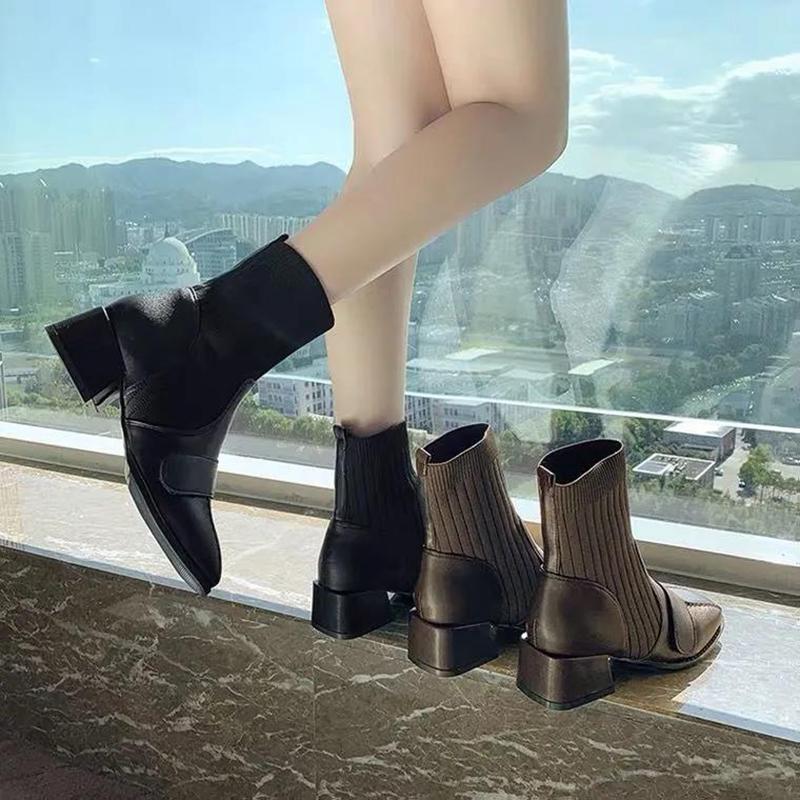 Women's Thick-heeled Autumn Short Boots Women's Mid-heel Socks Boots British Short Martin Boots Soft Leather Comfortable