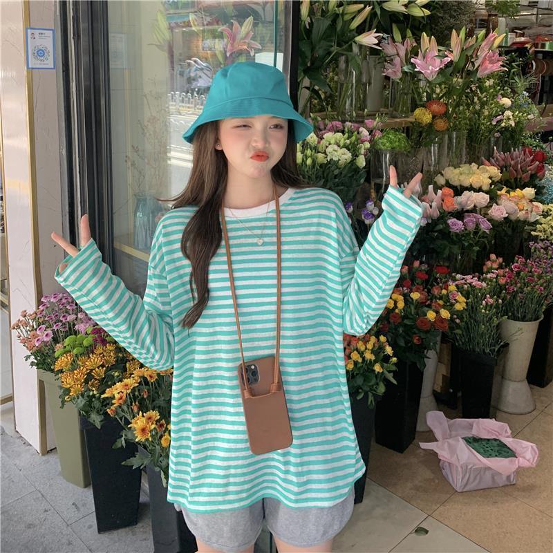 Fall Version of striped Loose Simple Long-sleeved T-shirt Women Simple top Blouse Tee