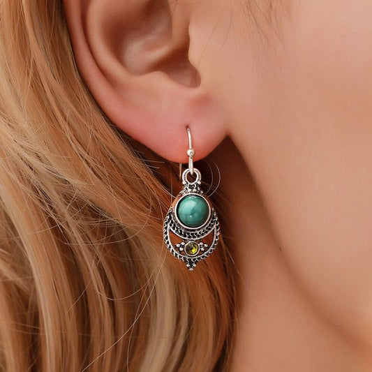 Ear Jewelry Bohemian Style Sub-turquoise Pendant Court Retro Hollow Carved Ear Hook Earrings