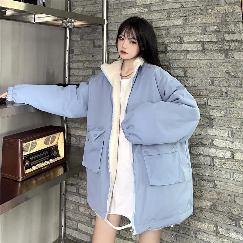 Two-sided Polar Fleece Jacket Winter Korean Version of The Loose High Collar Mid-length Embroidered Lamb Velvet Jacket Suitable for Young Women