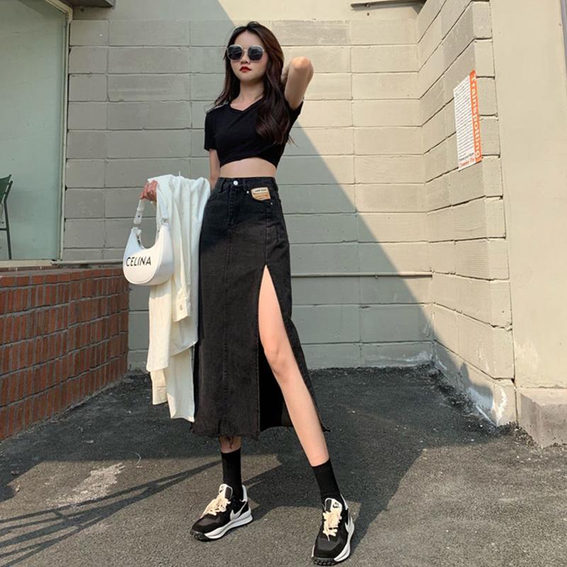 Denim Skirt Long Skirt Women Solid Split  High Waist Over The Knee Hip Skirt Casual Club Home Office