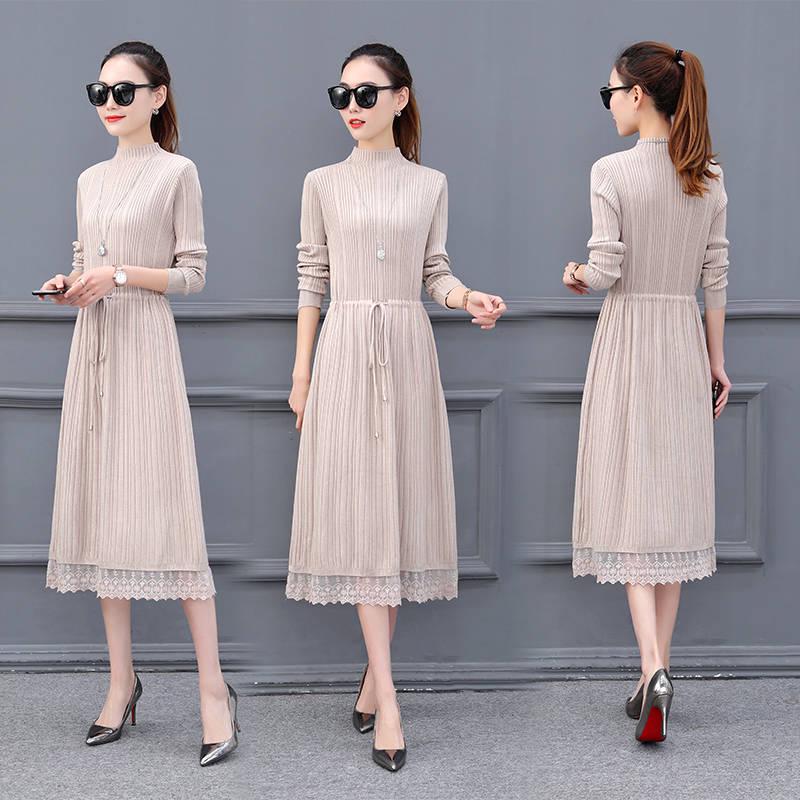 Women Solid Color Sweater Dress Long Section Turtleneck Lace Knitted Skirt Pullover