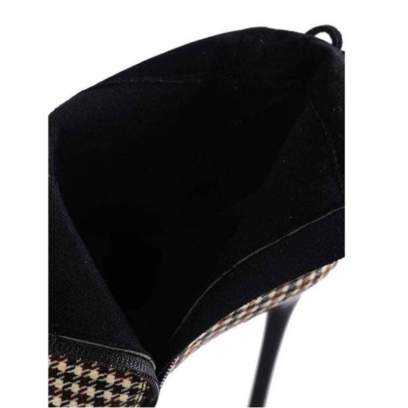Women's High Heels Shoes  Gingham PU Leather Boots Pointed Toe Autumn and Winter