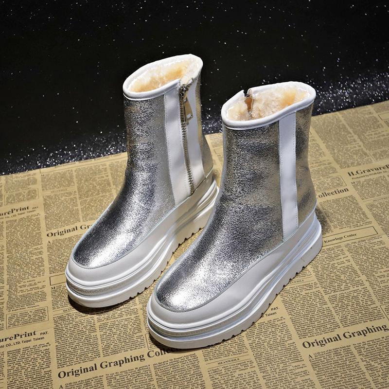 Thick Plush Plush Snow Boots Women's Sponge Cake Thick-soled Waterproof Mid-tube Boots Winter Plus Velvet Thick Warmth Big Cotton Boots