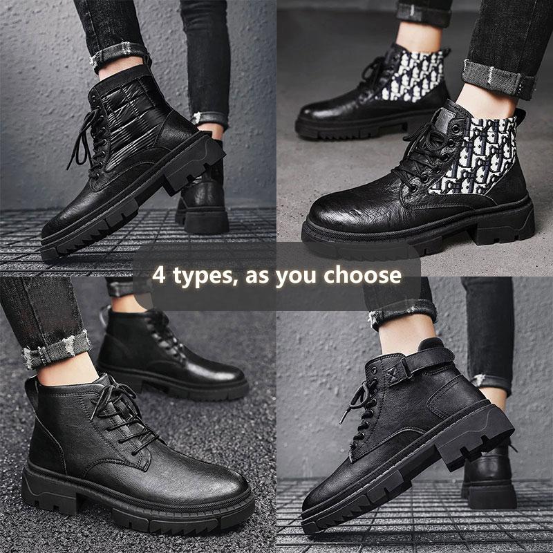 Men's Non-slip Autumn and Winter Martin Boots Net Red Ins Tooling Boots Korean Version of The British Style Black Boots Microfiber Leather Shoes
