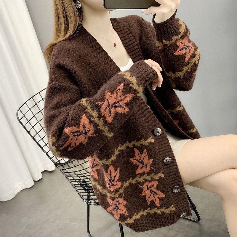 Autumn and Winter Loose Sweater Maple Leaf Pattern Coat Knitted Cardigan Blouse