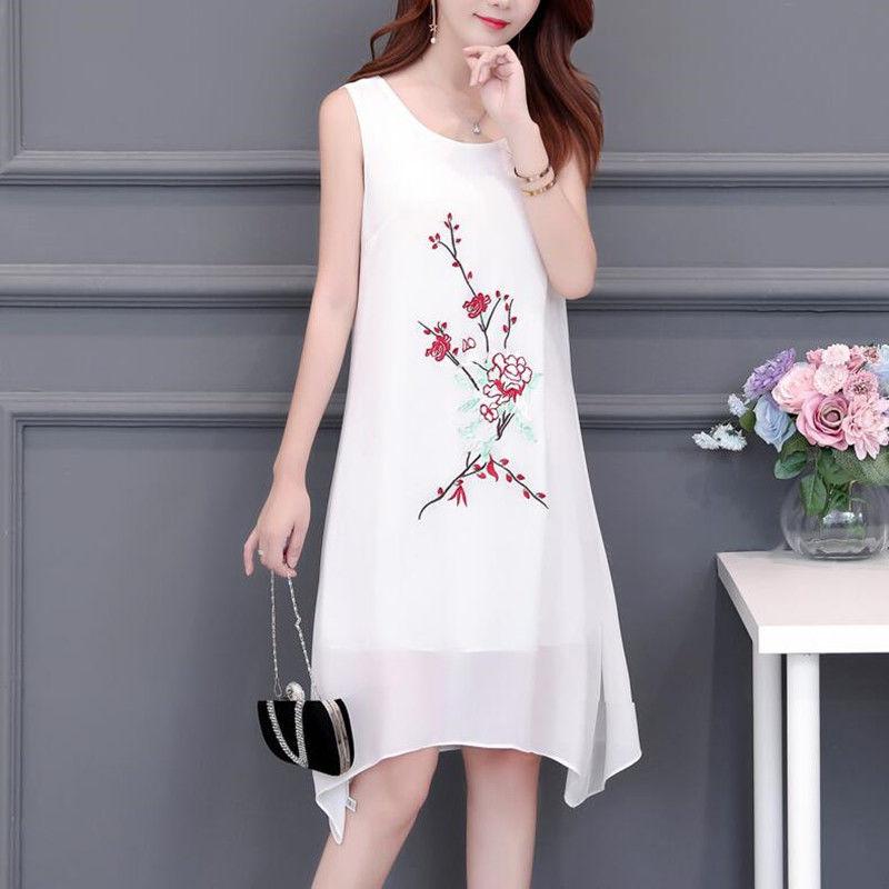 Chiffon XL-XXXXXL Plus Size Summer Chinese Style Dress Knee-length Solid Printed Over-the-knee Vest Skirt