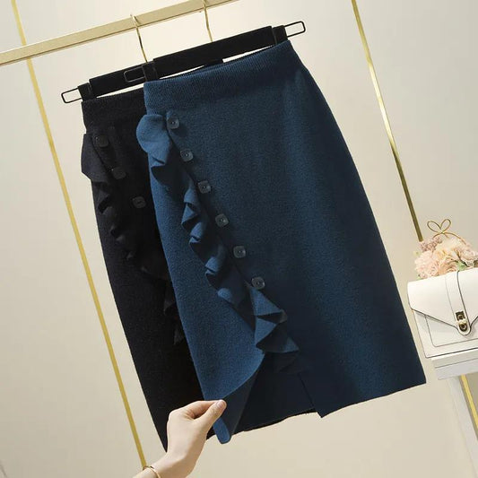 Knitted Skirt Women's Autumn Winter Skirt Winter with Sweater Wooden Ears Hip Single-breasted Skirt