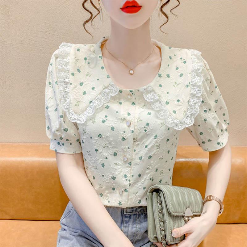 Floral Bubble Short-sleeved Top Design Sense Niche French Sweet Doll Collar Top Women