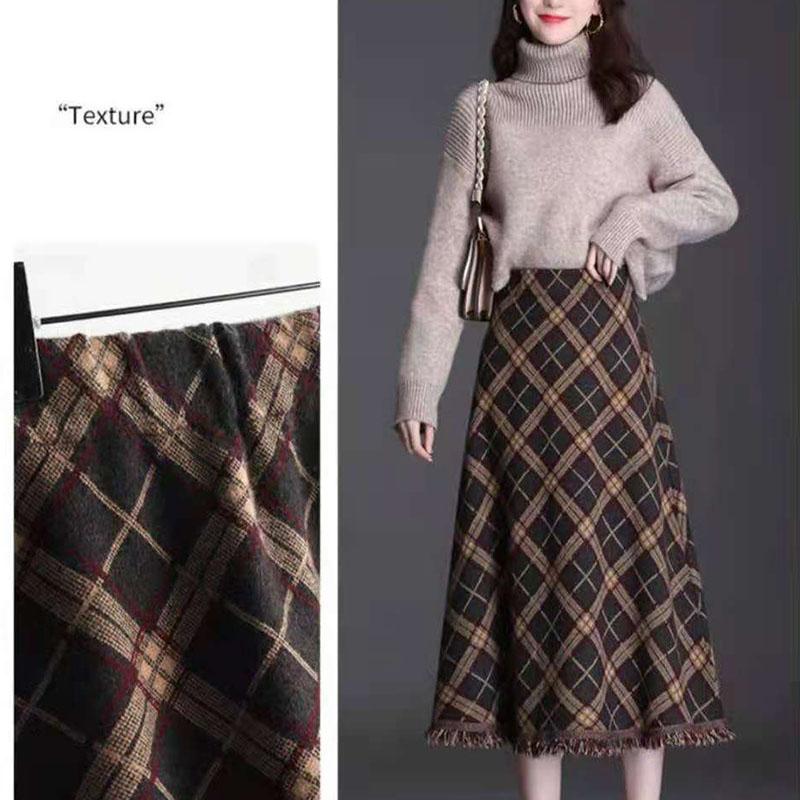 Ladies Long Knitted Skirt Autumn Winter Women's Fringed Plaid Umbrella Skirt High Waist A-line Big Swing Skirt