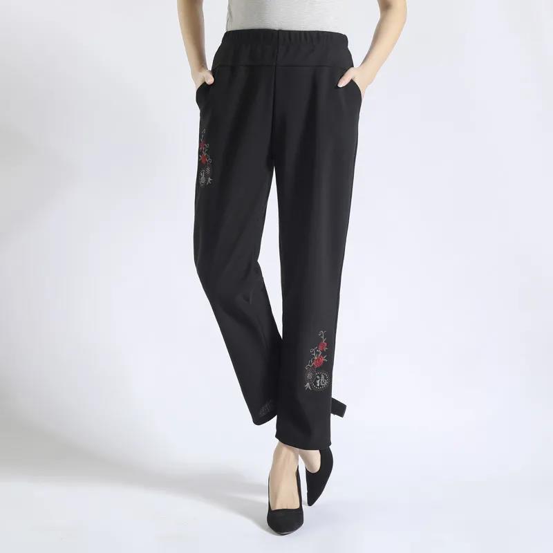 Middle-aged and Elderly Spring, Autumn and Winter Models Micro-elastic Elastic High-waist Embroidered Mother Wear Casual Pants Plus Velvet Thickening