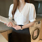 Short-sleeved T-shirt Women's Summer Loose Solid Color Lace V-neck Shirt Top