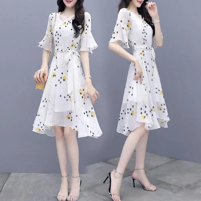 Women Summer Elegant Dress Vintage High Waist Fairy Casual Thin Dress Slim Vintage Dot Print V-neck Pleated Dress