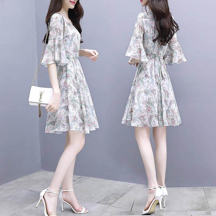 Pofulove S-2XL Women V-neck Chiffon Floral Dress Slim Sexy Mid-length Flared Sleeves A-line Dress