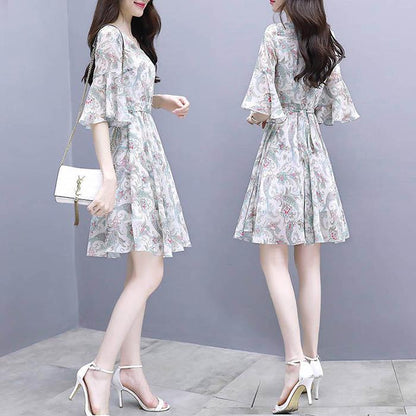 Pofulove S-2XL Women V-neck Chiffon Floral Dress Slim Sexy Mid-length Flared Sleeves A-line Dress