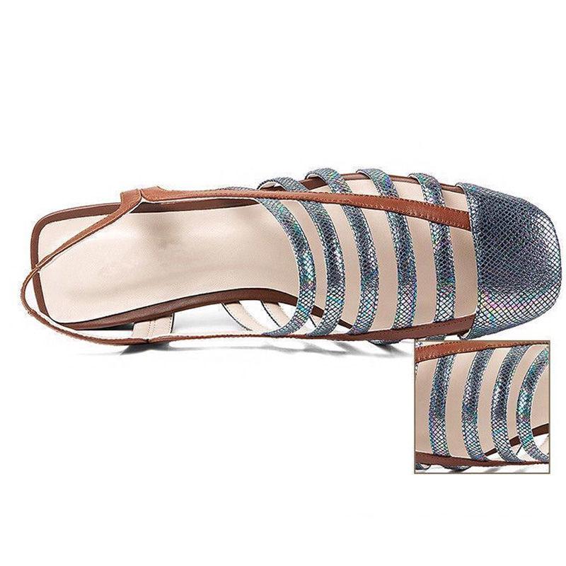 Thick Heel Sandals Women's Soft Leather Fish Pattern Shoes Roman Shoes Color Matching Hollow Word Buckle Women's Shoes Thick Bottom Sandals