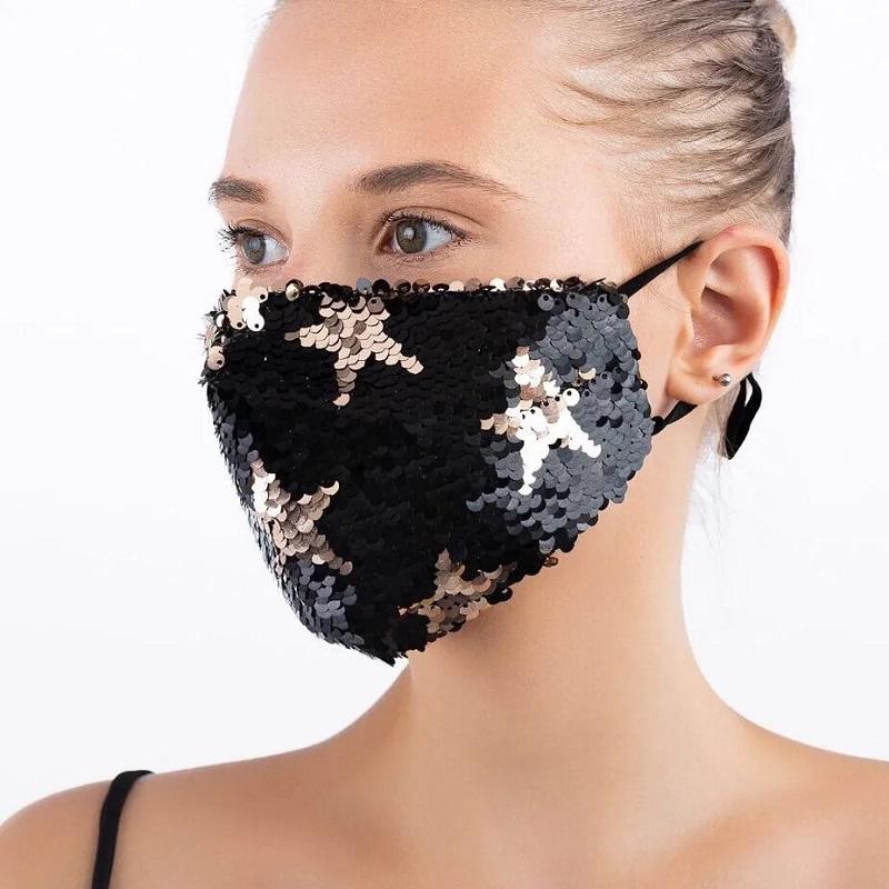 Women's Five-pointed Star Sequined Mask Cotton Breathable Washable Mask Shiny Sequins Luxury Windproof Dustproof Face Mask Female Face Mouth Cover