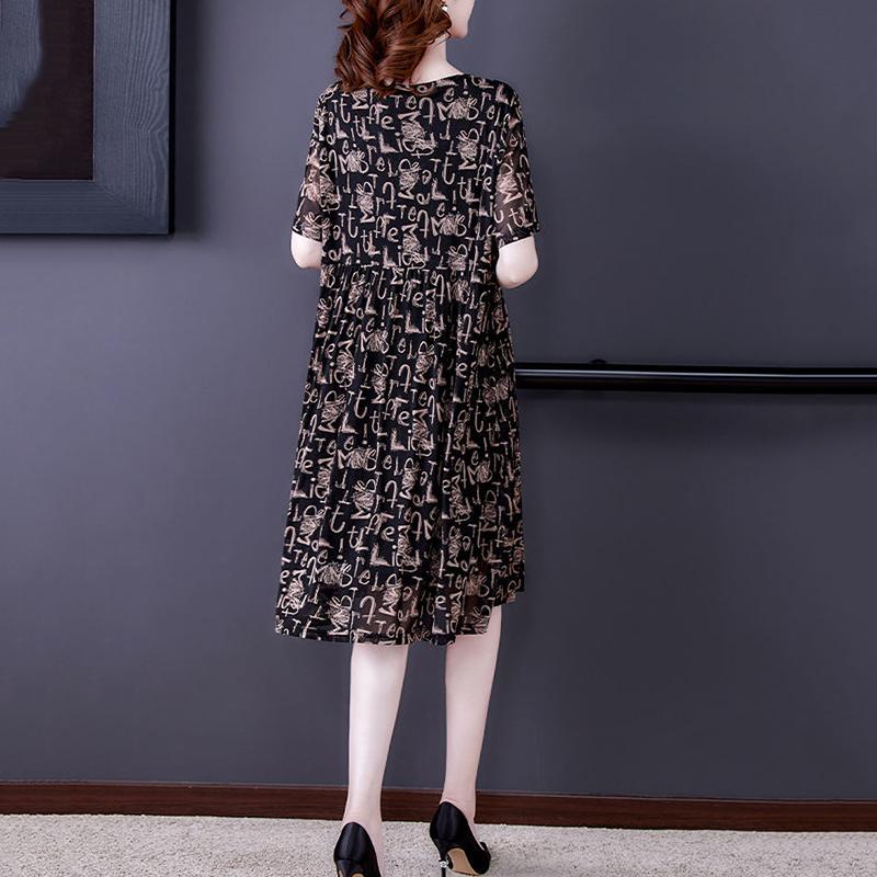 Plus Size Women's Clothes Covering Belly To Show Thin Mesh Print Mid Length Dress Round Neck Short Sleeve Casual Loose Dress