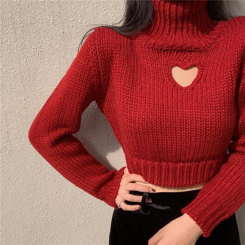 Turtleneck Sweater Women's Autumn Winter Design Sense of Love Hollow Out Slim Slimming Short Knit Sweater Long-sleeved Top