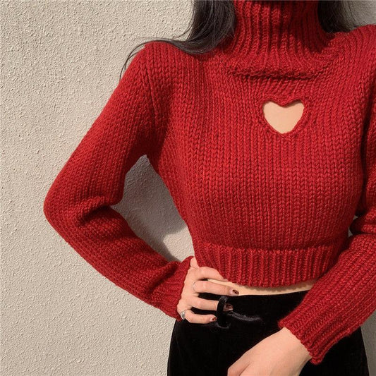 Turtleneck Sweater Women's Autumn Winter Design Sense of Love Hollow Out Slim Slimming Short Knit Sweater Long-sleeved Top