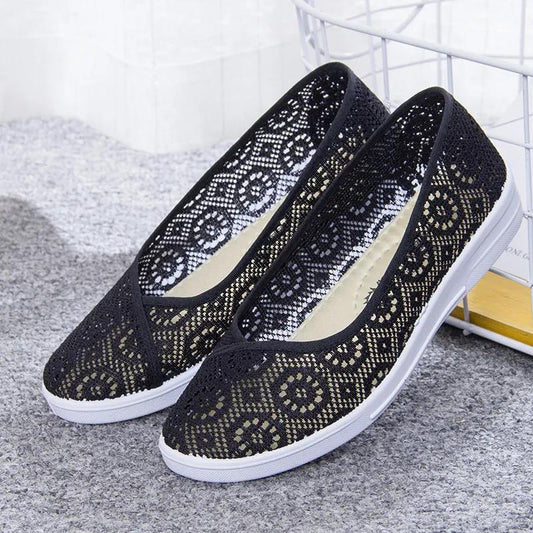 Solid Color Cloth Shoes Women's Mesh Shoes Soft Bottom Breathable Mother Shoes Slip-on Flat Hollow Sandals Women's Moccasin Shoes Work Shoes
