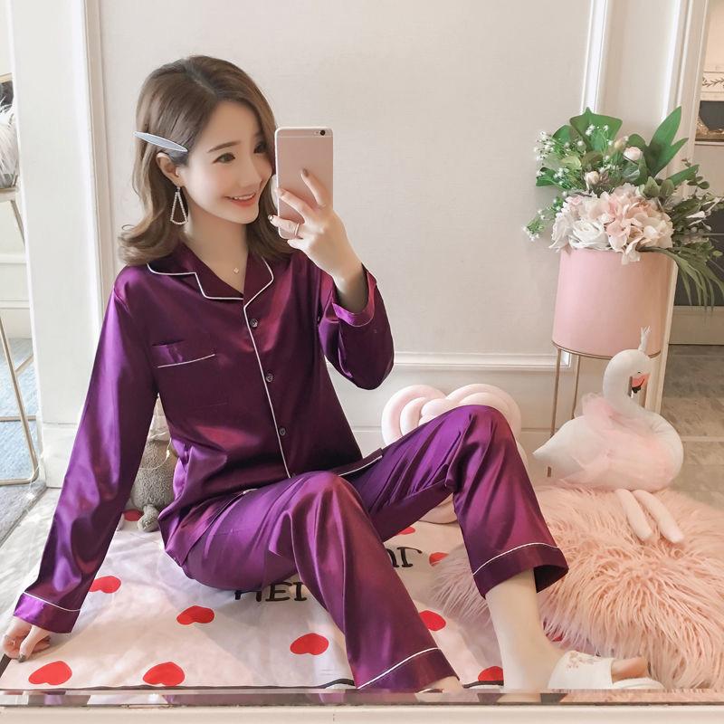 Can Be Worn Outside Home Service Pajamas Women's Long-sleeved Two-piece Suit Imitation Silk Cute Home Service Suit Ice Silk Fabric Soft and Silky