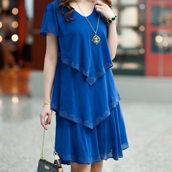 Pofulove L-5XL Women Plus Size Chiffon Dress Loose Mid-length V-neck A-line Beach Skirt Sun dresses
