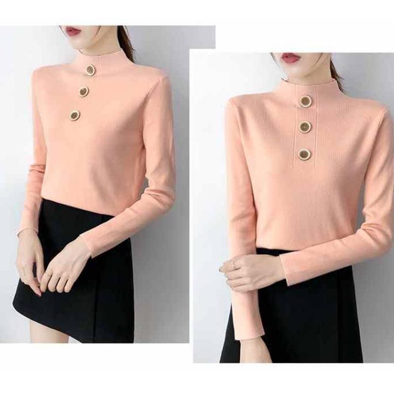 Pofulove women Turtleneck sweater with buttons slim Knit Pullover long sleeve jumpers top winter