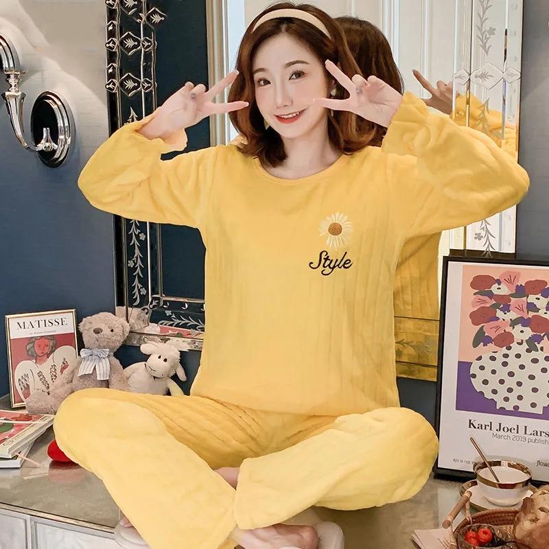Coral Fleece Pajamas Set Cartoon Round Neck Thickened Flannel Home Wear Long Sleeves Warm Sleeping Suit Two-piece Set